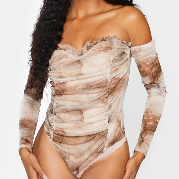 PrettyLittleThing Tops - PRETTYLITTLETHING Nude Smoke Printed Mesh Ruched Bardot Bodysuit